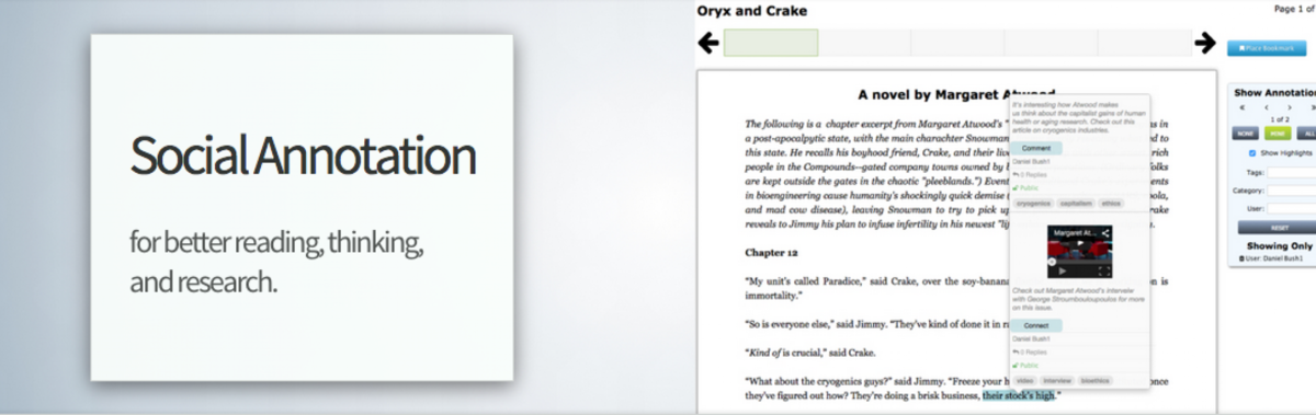Screenshot from Lacuna Stories, showing annotations of the Margaret Atwood novel "Oryx and Crake"